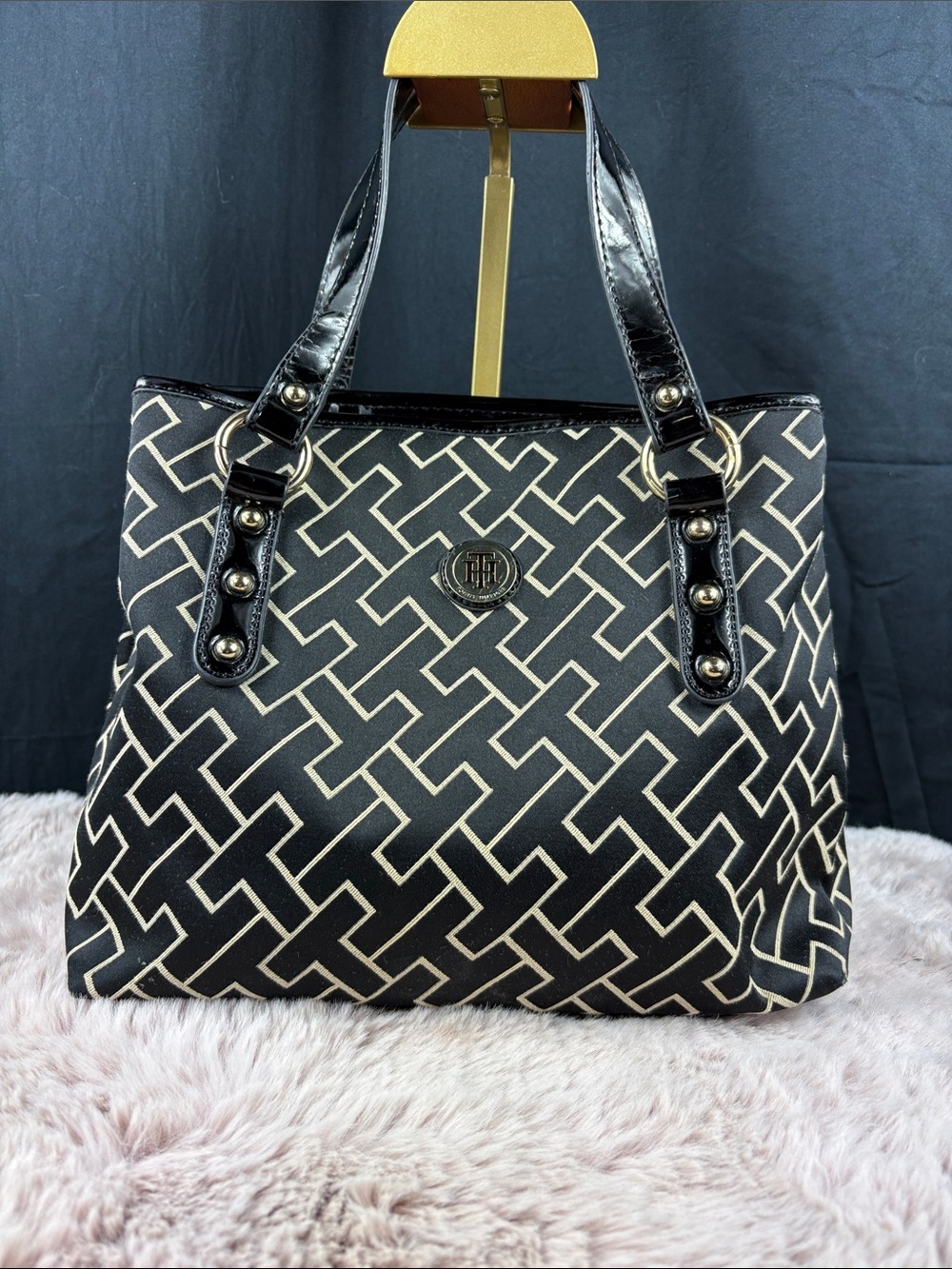 Tommy Hilfiger Black & Cream Monogram Geometric Jacquard Shoulder Tote
